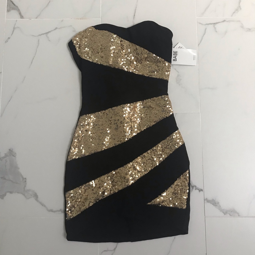 Black and Gold sequin strapless cocktail dress